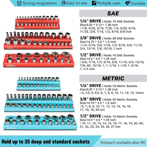 Magnetic Socket Organizer Set 6-Piece With 1/4, 3/8, 1/2 Inch Drive Trays For SAE And Metric Sockets, Holds 143 Plus Pieces