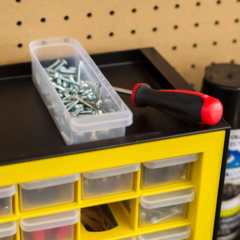 Straightforward 16 Drawer Toolbox Organizer For Garage Desk Storage with screws and screwdriver on top.