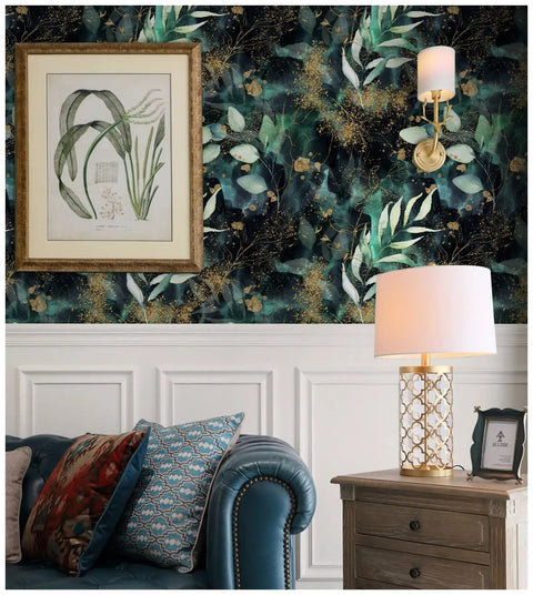 Living room with Peel And Stick Boho Forest Wallpaper Removable Mural In Black Green And Matte Gold Vinyl Self Adhesive.