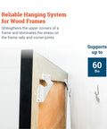 Boss Level Picture Hangers For Drywall And Plaster, Heavy Duty Self Leveling Brackets Hold Up To 60 Lbs, Flush Mount Design Keeps Frames Straight, Ready Five Piece Wall Hang Kit showing corner bracket on wood frame.