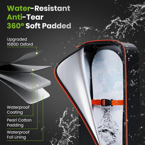 Padded Snowboard Bag For Air Travel, Waterproof 1680D Rip-Resistant Case open with snowboard inside, showing padding layers