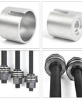 Close-up of components from 24 Piece Press And Pull Sleeve Kit For Wheel Bearings, Bushings And Seals, including sleeves and spindles.