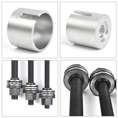 Close-up of components from 24 Piece Press And Pull Sleeve Kit For Wheel Bearings, Bushings And Seals, including sleeves and spindles.