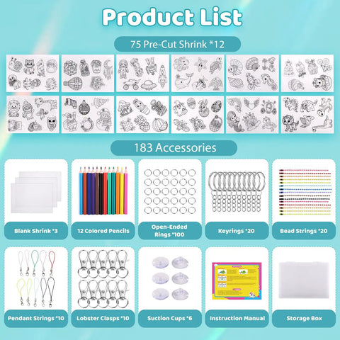 Shrink Art Sheets Kit For Kids With 75 Pre Cut Designs For Instant Fun Easy Coloring And Keychain Making Craft Set No Cutting Needed Diy Craft Project For Boys And Girls Creative Gift Idea, product list of 75 pre-cut sheets and 183 accessories