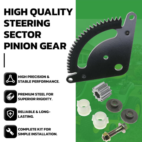High quality steering sector pinion gear with bushings for John Deere L105-L130 tractors, full repair kit displayed.