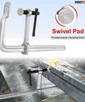 Deep Throat F Clamp For Welding Heavy Duty Bar Clamp With 15 5 8 Inch Jaw Opening And 5 5 8 Inch Deep Throat Forged Hardened Steel Quick Adjust Sliding Arm Pack Of Four shown clamping metal pieces on a table.