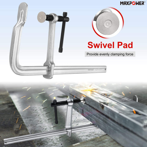 Deep Throat F Clamp For Welding Heavy Duty Bar Clamp With 15 5 8 Inch Jaw Opening And 5 5 8 Inch Deep Throat Forged Hardened Steel Quick Adjust Sliding Arm Pack Of Four shown clamping metal pieces on a table.