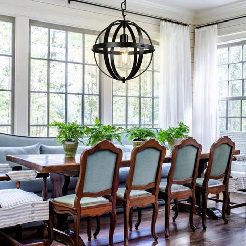 Five Light Industrial Pendant Lighting Fixture With Rustic Vintage Globe Design In Gold Finish Five Ring Chandelier over dining table