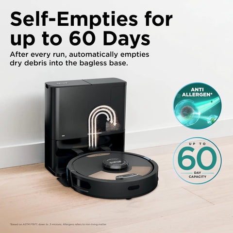 Matrix Plus 2in1 Robovac And Mop With Sonic Mopping Matrix Clean Smart Home Mapping HEPA Bagless Self Empty Base CleanEdge For Pet Hair WiFi Alexa Compatible Black And Gold, shown with 60-day capacity self-empty base.