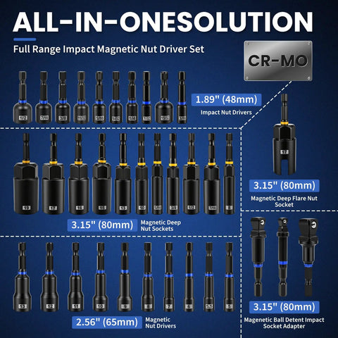 Image shows an All In One 86 Piece Magnetic Impact Nut Driver And Bit Set With SAE And Metric Sizes, detailed view of nut drivers.