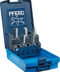 Open blue plastic case showing five piece tungsten carbide burr set with one quarter inch shank for stainless steel grinding