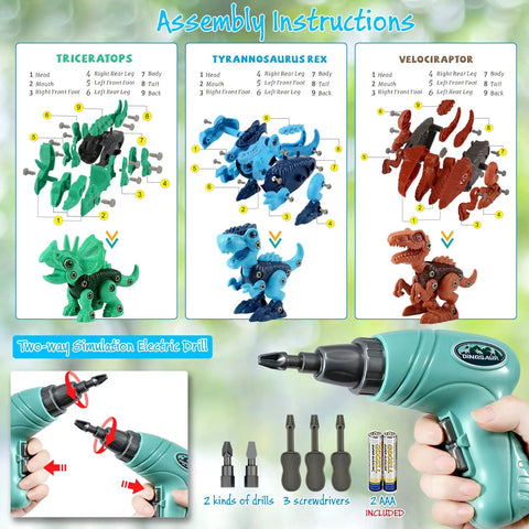 Take Apart Dinosaur STEM Toys For Kids 3-5 With Electric Drill Educational Building Set, assembly instructions with components