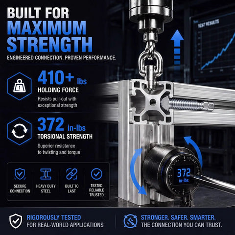 Heavy Duty T Slot Connectors For Aluminum Extrusion 40 mm Framing Hardware No Sweat DIY Setup 90 Degree showing strength metrics and installation.