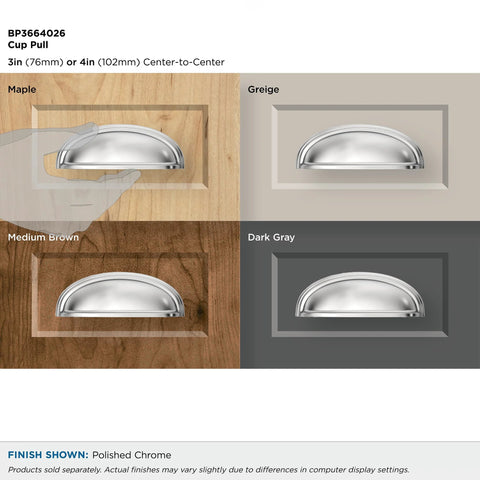 Ashby Polished Chrome Cup Pull for cabinets and furniture shown in four finishes: maple, medium brown, greige, and dark gray.