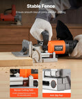 Top Shelf Biscuit Plate Joiner Boasting A 760W Motor Hitting 11600 Rpm For Knockout Joints showing secure cutting path and anti-slip pad.