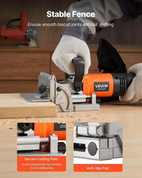Top Shelf Biscuit Plate Joiner Boasting A 760W Motor Hitting 11600 Rpm For Knockout Joints showing secure cutting path and anti-slip pad.