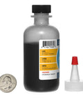Close-up of one bottle of Graphite Powder 44 Micron 99.9 Percent Pure Mil Spec Eight Ounces In Four Bottles Two Ounces Each