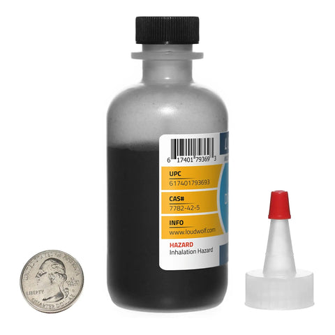 Close-up of one bottle of Graphite Powder 44 Micron 99.9 Percent Pure Mil Spec Eight Ounces In Four Bottles Two Ounces Each