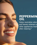 Smiling person with text about peppermint oil benefits for Extra Strength Retainer And Denture Cleaning Tablets 8 Month Supply Removes Odor.