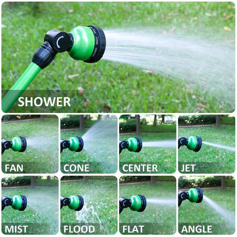 Lightweight 18 Inch Watering Wand with 9 Pattern Spray settings, showing fan, mist, and jet modes on grass