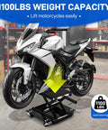 1100 Lb Motorcycle Scissor Lift Jack With Dolly lifting a motorcycle in a garage, showing heavy duty center stand and wide deck