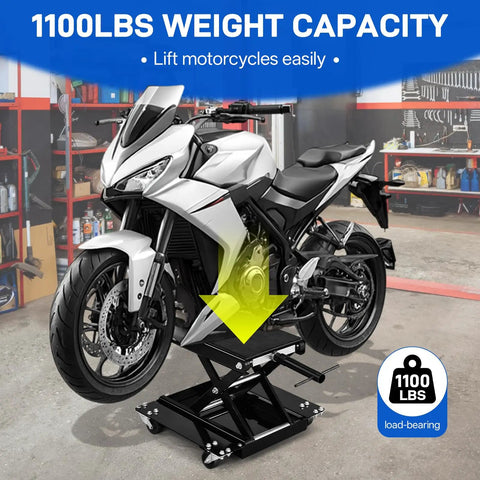 1100 Lb Motorcycle Scissor Lift Jack With Dolly lifting a motorcycle in a garage, showing heavy duty center stand and wide deck