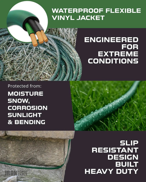 100ft Green Outdoor Extension Cord With 3 Outlets 3 Prong, 16/3 SJTW, on grass, coiled and unrolled, showing durability features