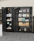 72 Inch Locking Steel Storage Cabinet With Four Adjustable Shelves And Two Doors Black Beefy Heavy Duty Garage File Office Home Organizer For Secure Storage And Easy Access open displaying organized files and boxes.