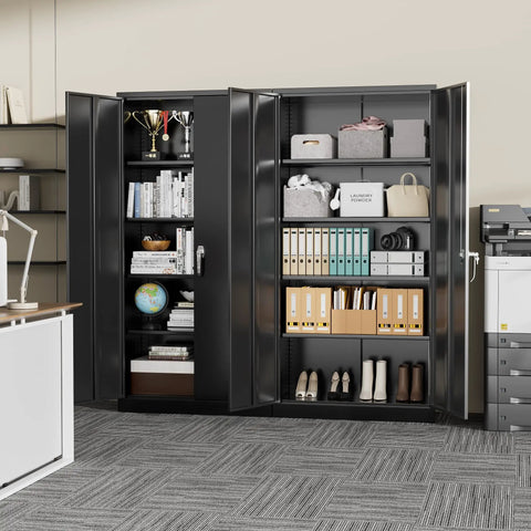 72 Inch Locking Steel Storage Cabinet With Four Adjustable Shelves And Two Doors Black Beefy Heavy Duty Garage File Office Home Organizer For Secure Storage And Easy Access open displaying organized files and boxes.