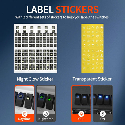 Label stickers for 12V Blue LED Rocker Switch Waterproof Marine Grade SPST, featuring night glow and transparent options.
