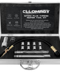 CLLOMAGY spark plug thread repair tool kit in metal case with drill bit, adapters, and hose fittings (front view)