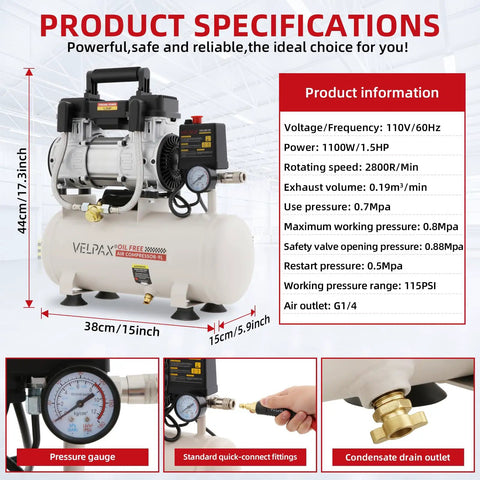 Ultra Quiet 1.5 HP Air Compressor With 2.4 Gallon Steel Tank Operates At Just 60 Dba Noise Level Perfect For Fine Detail Spray Painting Auto Garage Work And Woodworking Nailing Tasks Oil Free Piston Pump Design