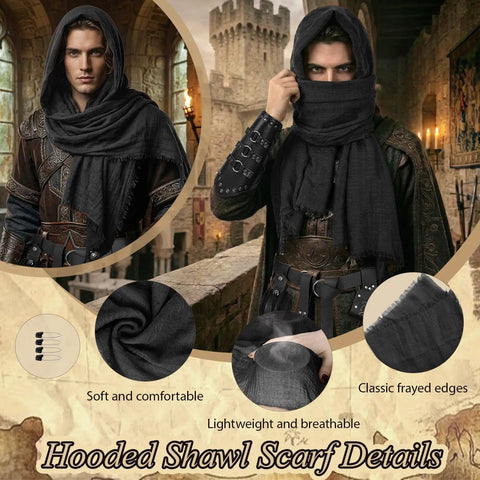 Epic 8 Piece Renaissance Medieval Costume Accessories Set For Men featuring leather shoulder armor pauldrons and hooded shawl scarf
