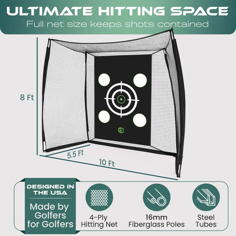 Backyard Ready Golf Hitting Net Ten By Eight By Five And A Half Feet With Silent Target Tarp 4 Ply Net Mat and Steel Tubes