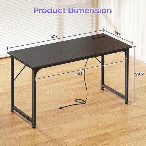 47 By 20 Inch Office Desk With Built In Power Outlets And USB C Port For Home Office And Gaming Metal Frame In Black Finish