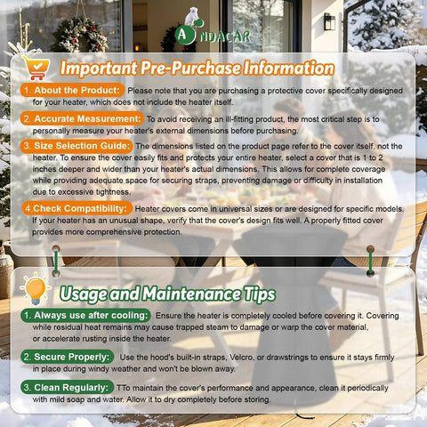 Infographic with pre-purchase information and maintenance tips for a patio heater cover displayed against a snowy patio backdrop.