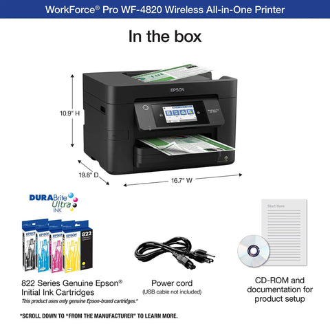 Heavy Duty Wireless Color Inkjet All In One Printer Featuring Precision Core Heat Free Technology And Durabrite Ultra Pigment Ink For Blazing Fast High Volume Home Office Printing That Really Slaps, with ink cartridges and power cord in the box.