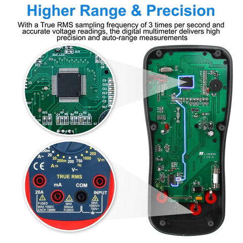 Heavy Duty Automotive Multimeter Featuring True Rms Accuracy And Cat Iii 600V Safety for internal circuit details, blue circuit board.