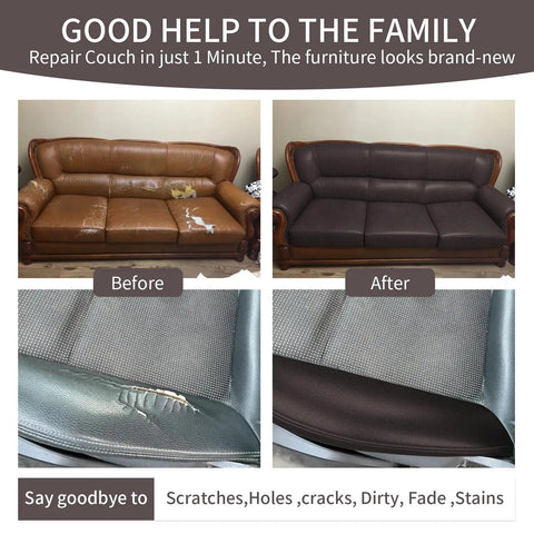 Before and after use of Self Adhesive Leather Repair Patch Kit For Couches Sofas And Car Seats Ultra Durable PU Vinyl Leather Repair Tape Waterproof Dark Brown 3.9x79 Inch Easy Patch Up For Furniture And Auto Interiors