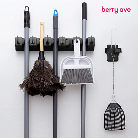 Five Slot Broom Holder With Self Adhesive Mop Gripper No Drilling Wall Mount Organizer For Kitchen Garage and Laundry Room