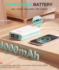 Removable 24V 4Ah battery with USB outputs and battery display, charging a smartphone, showing 4000mAh capacity.