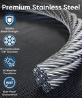 Close-up of Premium One Eighth Inch Deck Railing Cable 450 Feet With Cutter Heavy Duty Stainless Steel Aircraft Cable 7 By 7 Construction