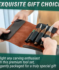 Solid Spoon Carving Kit With Dang Sharp Hook And Chip Knives Delivering Knockout Sloyd Whittling Experience Featuring smooth black walnut grips and leather case.