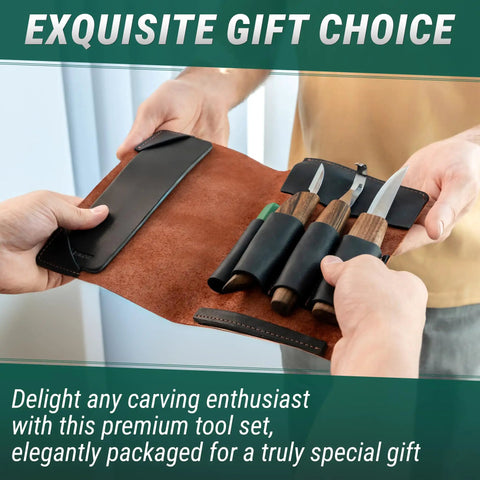 Solid Spoon Carving Kit With Dang Sharp Hook And Chip Knives Delivering Knockout Sloyd Whittling Experience Featuring smooth black walnut grips and leather case.