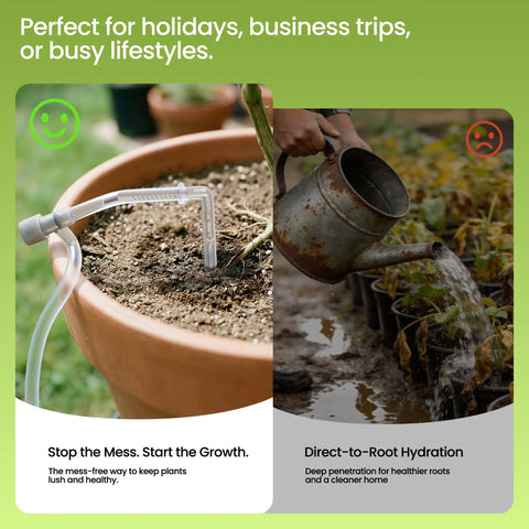 Sun Powered Timed Drip Irrigation Kit For Fifteen Plants With drip tubing watering a potted plant next to manual watering