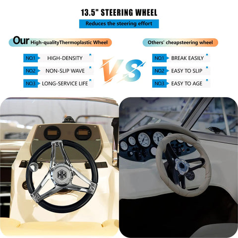 Outboard Rotary Boat Steering Kit With High Performance Marine Cable System, 3/4 Inch Tapered Shaft, 13.5 Inch Steering Wheel comparison.