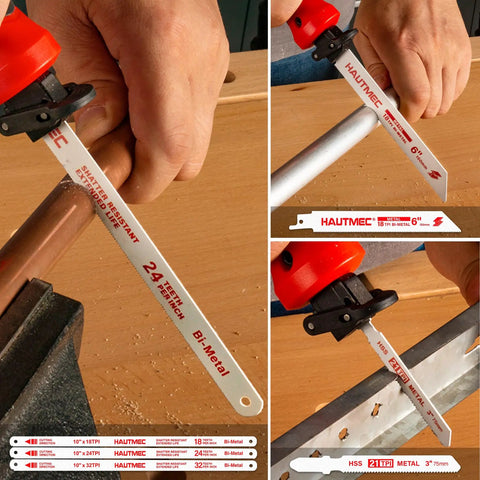 10-In-1 Hand Saw Kit With Quick-Release Blades For Wood Metal Plastic Drywall shown cutting various materials