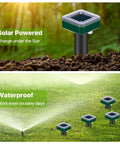 8 Pack Solar Powered Ultrasonic Mole And Rodent Repellent Stakes in lawn, highlighting solar power and waterproof features