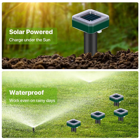 8 Pack Solar Powered Ultrasonic Mole And Rodent Repellent Stakes in lawn, highlighting solar power and waterproof features