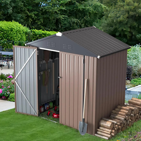 Beefy Outdoor Storage Shed 4x6 Metal Garden Shed With Lockable Doors for backyard, open doors showing interior storage space
